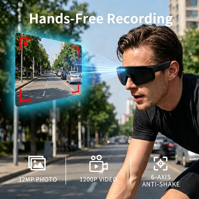 Alt view image 2 of 6 - 2026 Upgraded AI Smart Glasses with 4K Camera, 1200P Video, 6-Axis EIS Anti-Shake, ChatGPT Assistant, AI Recognition & Translation, IP54 Waterproof for Cycling, Hiking, Running, Vlogging