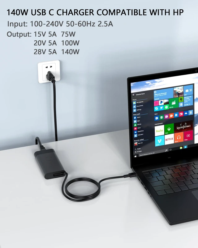 Alt view image 2 of 6 - 140W USB C Charger Compatible with HP ZBook 8 G1i/G2i/G2a 14 16 | for ZBook Ultra G1a, for Omen Transcend Laptop 14-fb0000, for Spectre x360 16-aa0000, Type-C Power Cord, Fast Charging
