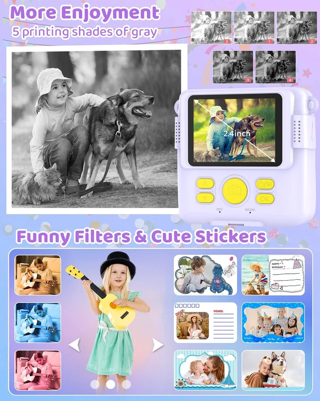 Alt view image 4 of 6 - Instant Print Camera for Kids with 3 Rolls of Printer Paper, 1080P Toddler Digital Camera Toys for Age 3-12 with 32GB SD Card, Christmas & Birthday Gifts for 3 4 5 6 7 8 Year Old Girls & Boys (Purple)
