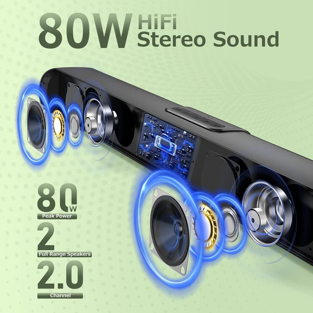 Alt view image 2 of 6 - 80W 23.6" Sound Bar for Smart TV with HDMI ARC & Bluetooth 5.0 | Opt/AUX/USB inputs, DSP 3 EQ, adjustable bass/treble. Wall mountable. Fits PC, gaming, projector