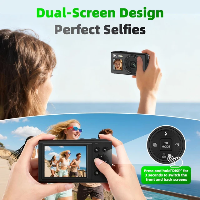 Alt view image 2 of 6 - 5K 80MP Digital Cameras for Photography with Tripod 2 Batteries 64GB | Dual Screen Autofocus Vlogging Camera for YouTube,Compact Point and Shoot Camera Good for Beginners Campus,Travel