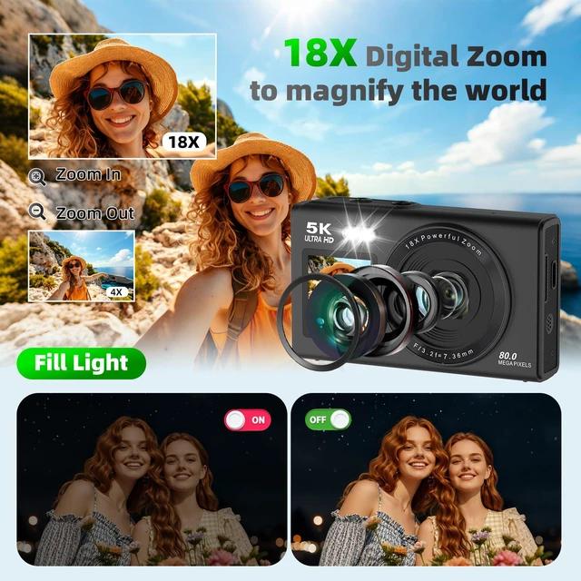 Alt view image 5 of 6 - 5K 80MP Digital Cameras for Photography with Tripod 2 Batteries 64GB | Dual Screen Autofocus Vlogging Camera for YouTube,Compact Point and Shoot Camera Good for Beginners Campus,Travel