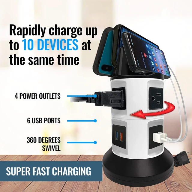 Alt view image 4 of 6 - Spin Power Strip Tower Surge Protector - 4 Outlets, 6 USB Ports, 40" Retractable Cord, 360° Rotation | Electric Charging Station with Built-in Phone & Tablet Holder | USB Outlet Extender