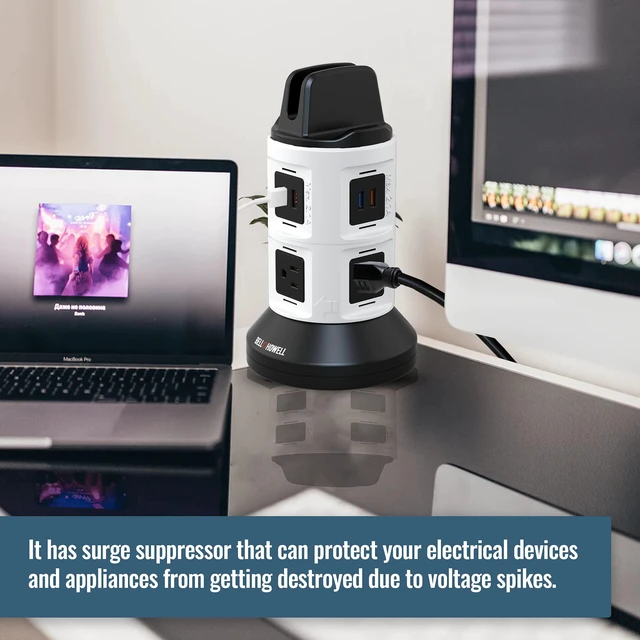 Alt view image 5 of 6 - Spin Power Strip Tower Surge Protector - 4 Outlets, 6 USB Ports, 40" Retractable Cord, 360° Rotation | Electric Charging Station with Built-in Phone & Tablet Holder | USB Outlet Extender