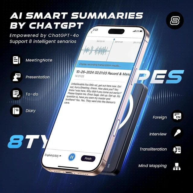 Alt view image 3 of 6 - Bantropolis AI Voice Recorder 64GB, Intelligent Transcription and summarization, Supports 107 Languages, with 3000mAh Magnetic Charging, Suitable for Meetings, lectures, Calls and interviews
