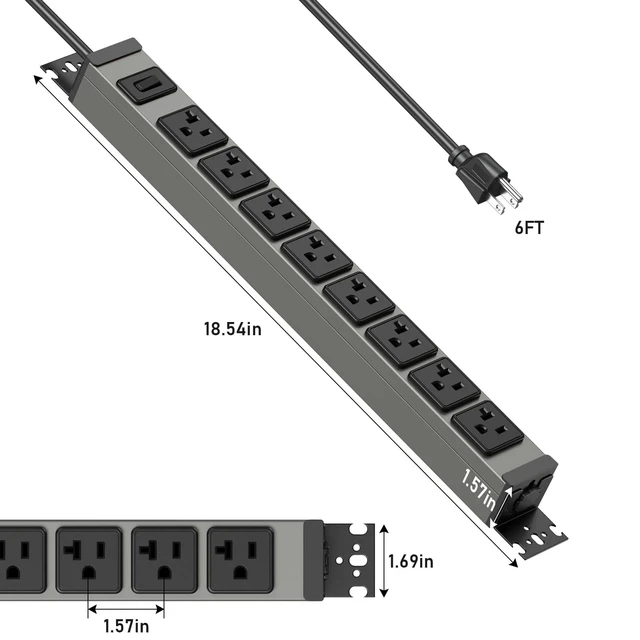 Alt view image 3 of 4 - Heavy Duty Power Strip Wall Mount, 20 Amp Surge Protector 1200J Metal 8 Outlet Under Desk Mounted 20A, Garage Power Table Socket Industrial Outlets 6-20R T-Slot, 6FT 12AWG Extension Cord
