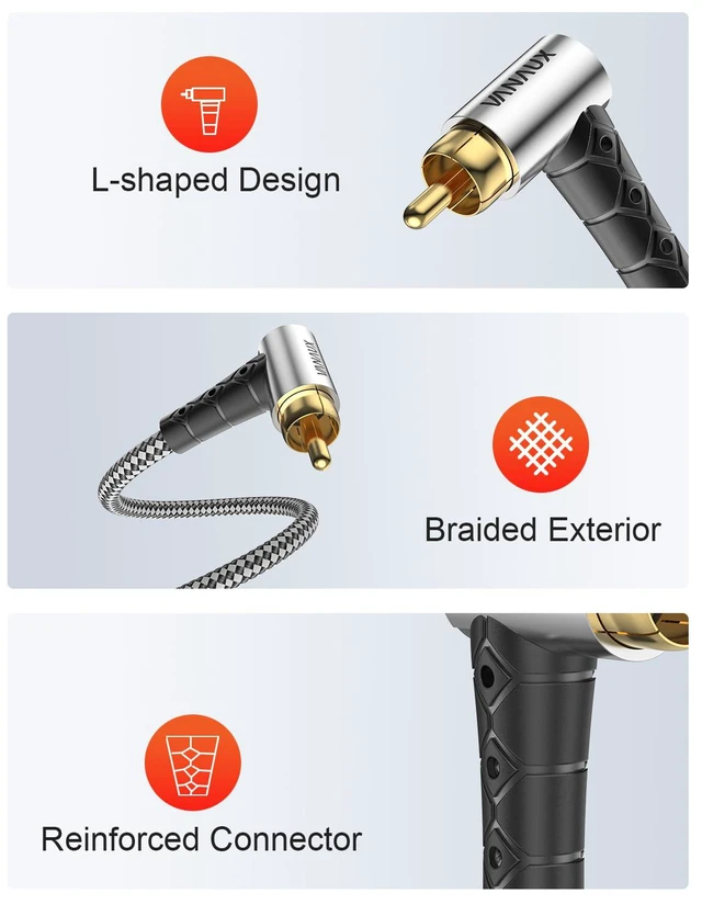 Alt view image 4 of 6 - Subwoofer Cable Double 90 Degree RCA to RCA Audio Stereo Cable Male to Male 24K Gold Plated Connector Nylon Braided Double Shielded Clean Sounding Signal Silver/3.3ft/1m