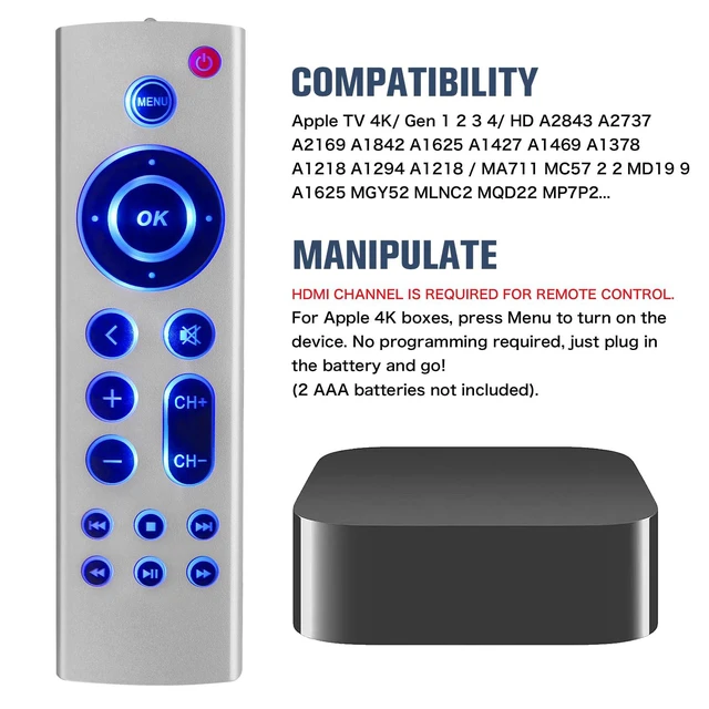 Alt view image 4 of 6 - (Pack of 2) Universal Replacement Remote for Apple TV 4K/ Gen 1 2 3 4/ HD A2843 A2737 A2169 A1842 A1625 A1427 A1469 A1378 A1218, No Voice No Siri with Blue Backlight