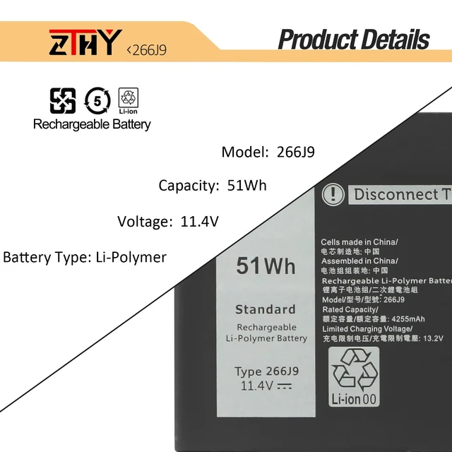 Alt view image 3 of 6 - 51Wh 266J9 Laptop Battery Replacement for Dell G3 15 3500 3590 3790 | G5 15 5500 SE 5505 Inspiron 5490 Series P89F P89F001 P89F002 P89F003 P89F004 0415CG C9VNH 0PN1VN 0M4GWP Battery 11.4V 3-Cell