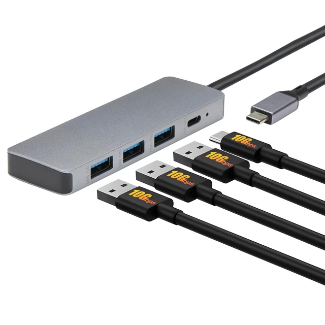 Main image of USB 3.2/3.1 Gen 2 Multiport USB C Hub Dock, 10Gbps, USB-C to 1xUSB-C/3xUSB-A, Works with Windows/Mac, Silver, Black