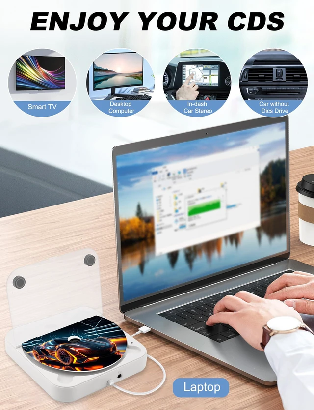 Alt view image 5 of 6 - External Portable CD Player for Car - Car CD Player with USB Port AUX Port, Extra USB Extension Cable, Universal USB CD Player for Vehicle, Laptop, TV, Computer, for Android 4.4 and Above Navigation