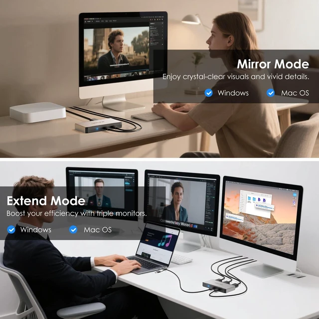 Alt view image 2 of 6 - 3 Monitor Docking Station, triple monitors adapter for M1/M2/M3/M4/Macbook Neo MacOS.Type-C&A hosts, 100W PD IN,3* HDMI + 2* DP Available,Triple 4K@60Hz, SMI Driver & Host USB3.2 Gen 2 Required