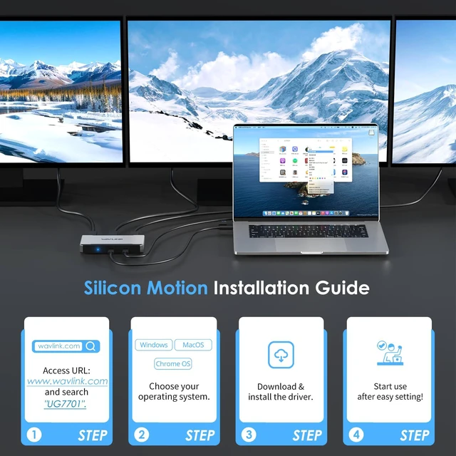 Alt view image 4 of 6 - 3 Monitor Docking Station, triple monitors adapter for M1/M2/M3/M4/Macbook Neo MacOS.Type-C&A hosts, 100W PD IN,3* HDMI + 2* DP Available,Triple 4K@60Hz, SMI Driver & Host USB3.2 Gen 2 Required