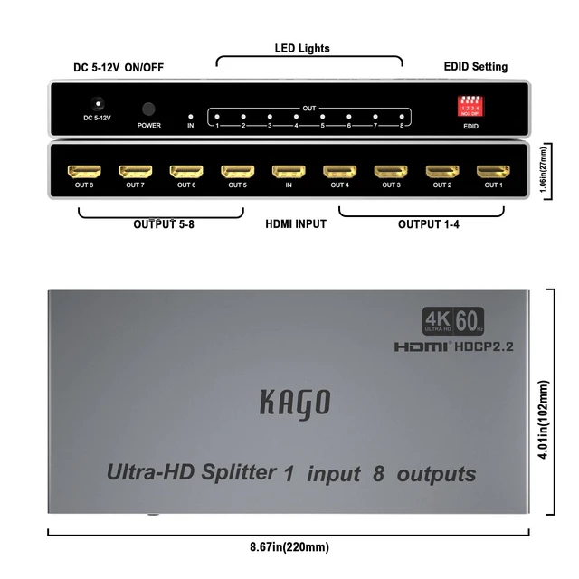 Alt view image 3 of 6 - 4K@60Hz 8 Port HDMI Splitter 1 in 8 Out with EDID | HDR10 & 3D, Lossless 18Gbps Video Pass-Through, Smart EDID Switch, HDCP 2.2, Heavy-Duty Metal