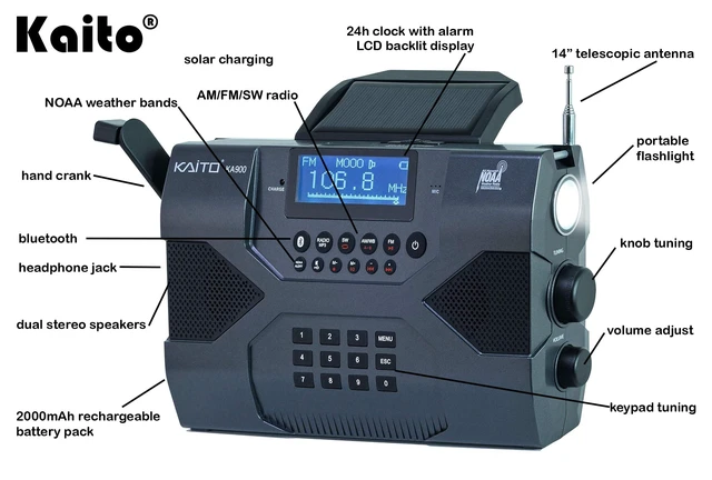 Alt view image 2 of 6 - Emergency Radio Voyager Max KA900 Digital Solar Dynamo Crank Wind Up AM/FM/SW & NOAA Weather Stereo Radio Receiver with Bluetooth, Real-time Alert, MP3 Player, Recorder & Phone Charger, Black
