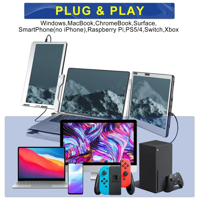 Alt view image 6 of 6 - F2 Laptop Screen Extender, 14'' 1080P Triple Portable Monitor for Laptop, 360 Rotating Monitor Desk Workstation with Multiple Laptops Stand for mac Windows Surface PS Switch