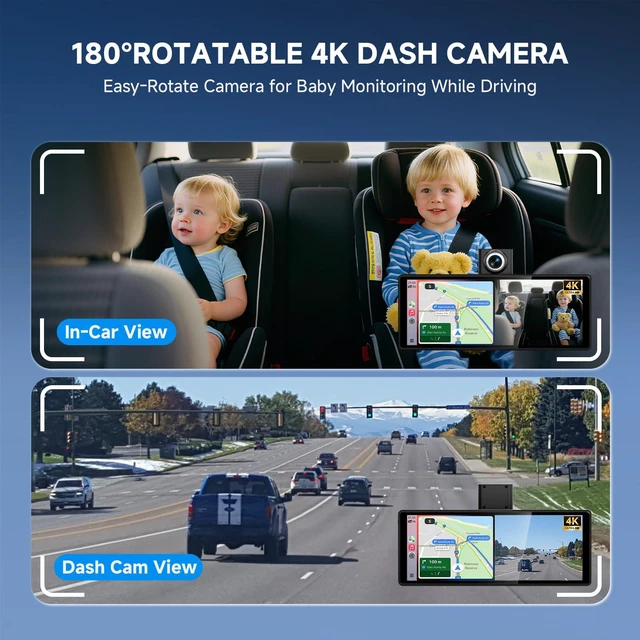 Alt view image 2 of 6 - 10.26" Wireless CarPlay Screen for Car with 180° Rotatable 4K Dash Cam & 1080P Backup Camera,Touchscreen Car Stereo with CarPlay & Android Auto, Mirror Link/Music Play/GPS Navigation