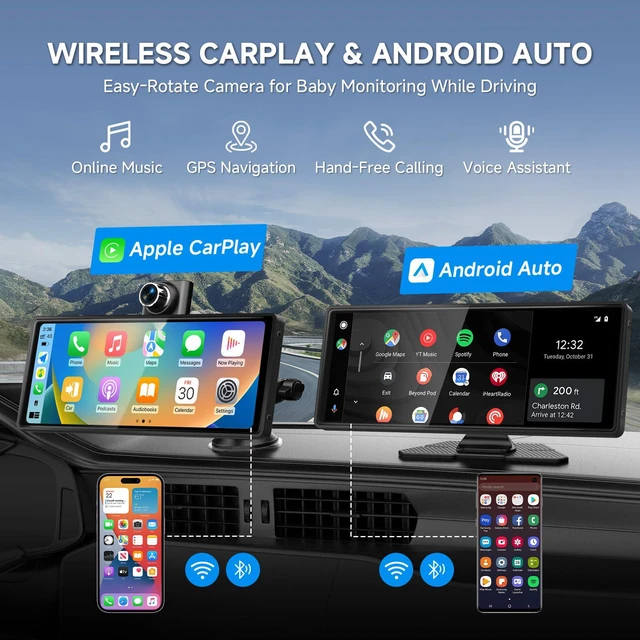 Alt view image 4 of 6 - 10.26" Wireless CarPlay Screen for Car with 180° Rotatable 4K Dash Cam & 1080P Backup Camera,Touchscreen Car Stereo with CarPlay & Android Auto, Mirror Link/Music Play/GPS Navigation
