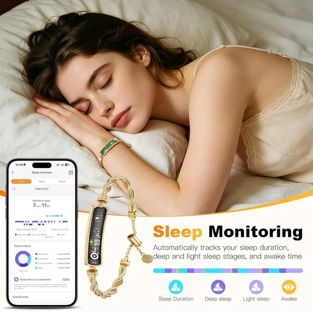 Alt view image 3 of 6 - 2-in-1 Crystal-Inlaid Smart Bracelet for Women, Jewelry Fitness Tracker with Heart Rate, Sleep & Cycle Tracking, IP68 Waterproof, Interchangeable Bands, Compatible with iOS & Android