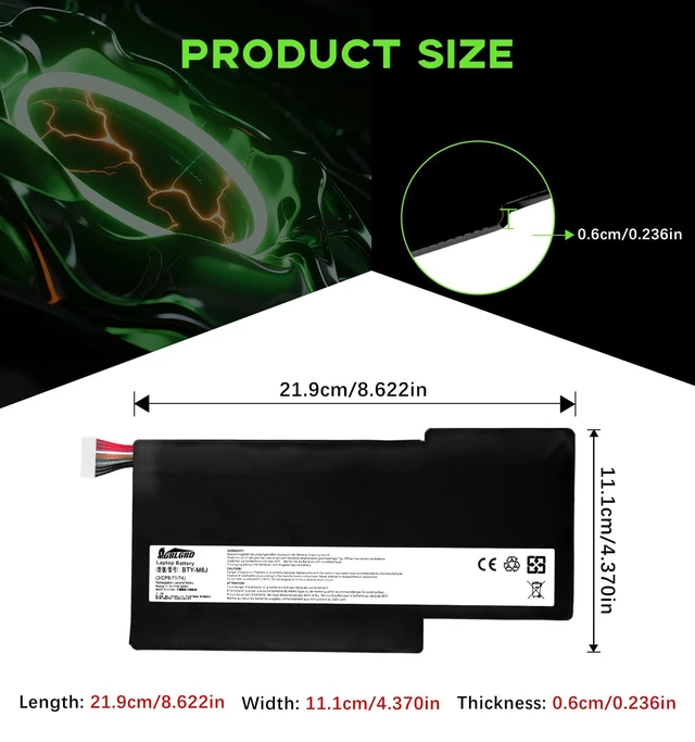 Alt view image 2 of 6 - BTY-M6J BTY-U6J Battery Replacement for MSI GS63 GS63VR GS73 GS73VR Series Gaming Notebook, 11.4V 64.98Wh 5700mAh 3-Cell Lithium Polymer Business Laptop Battery, CE/FCC/RoHS Certified