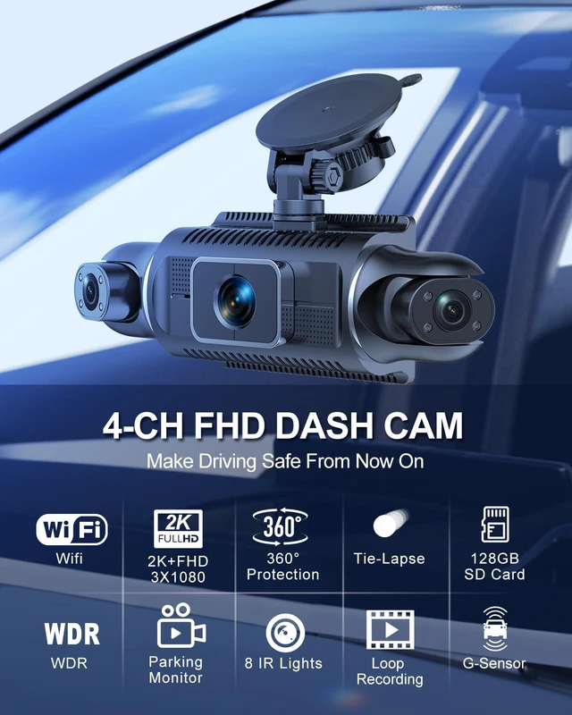 Alt view image 2 of 6 - 4 Channel Full HD Dash Cam, 2K Front + 1080P Side/Rear Cameras, 3-Inch LCD Screen, Support 256GB Max,WiFi/APP Control, G-Sensor, Parking Monitor,Night Vision (Black)