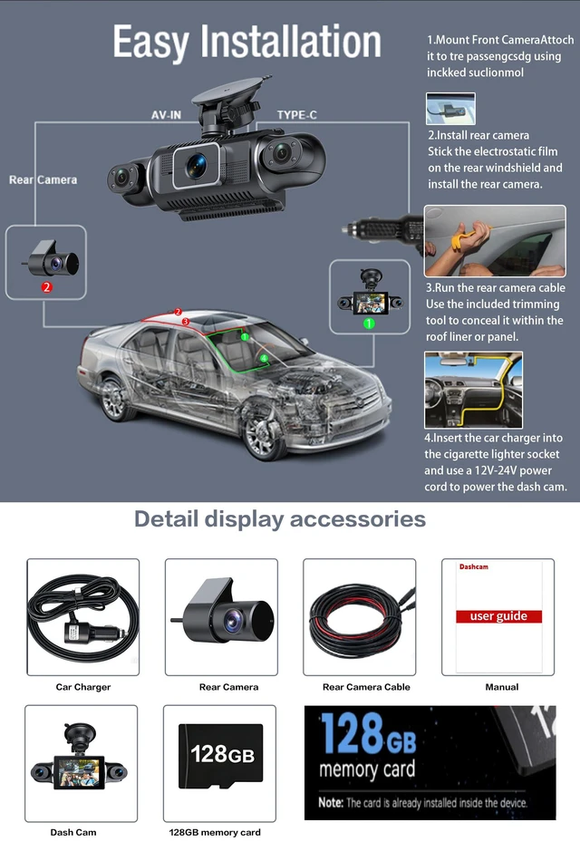 Alt view image 4 of 6 - 4 Channel Full HD Dash Cam, 2K Front + 1080P Side/Rear Cameras, 3-Inch LCD Screen, Support 256GB Max,WiFi/APP Control, G-Sensor, Parking Monitor,Night Vision (Black)