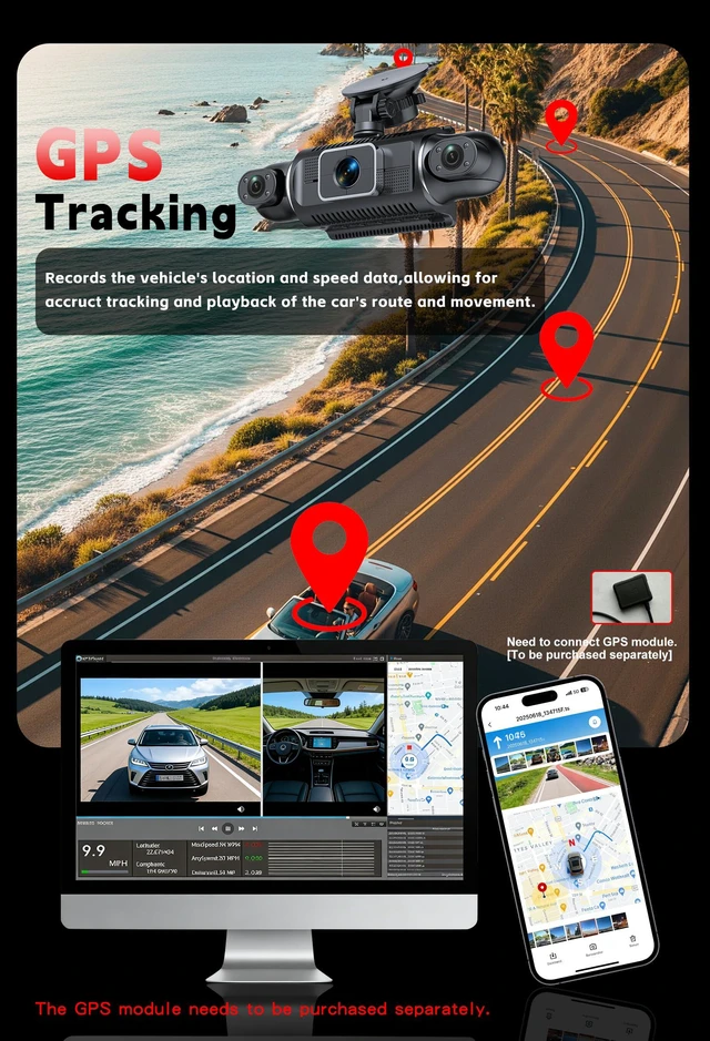 Alt view image 6 of 6 - 4 Channel Full HD Dash Cam, 2K Front + 1080P Side/Rear Cameras, 3-Inch LCD Screen, Support 256GB Max,WiFi/APP Control, G-Sensor, Parking Monitor,Night Vision (Black)