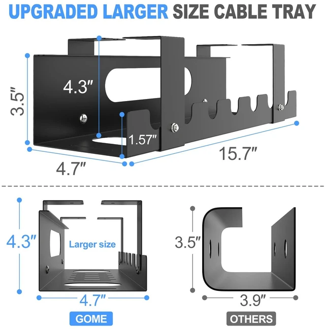 Alt view image 3 of 6 - 2PACKS Cable Management Under Desk Tray Adjustable Large Under Table Cord Wire Organizer for Standing Desk