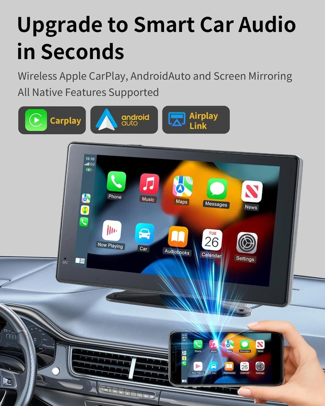 Alt view image 2 of 6 - 7" Portable Wireless CarPlay & Android Auto Screen for Car, HD Touchscreen, Backup Camera, Bluetooth 5.0, FM Transmitter, Plug and Play, Voice Control, Fit All Vehicles