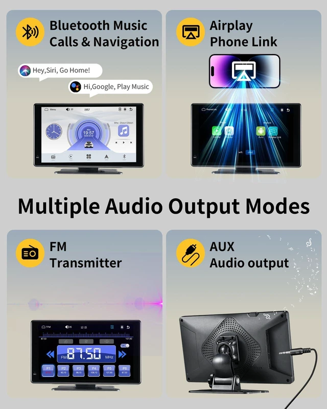 Alt view image 4 of 6 - 7" Portable Wireless CarPlay & Android Auto Screen for Car, HD Touchscreen, Backup Camera, Bluetooth 5.0, FM Transmitter, Plug and Play, Voice Control, Fit All Vehicles