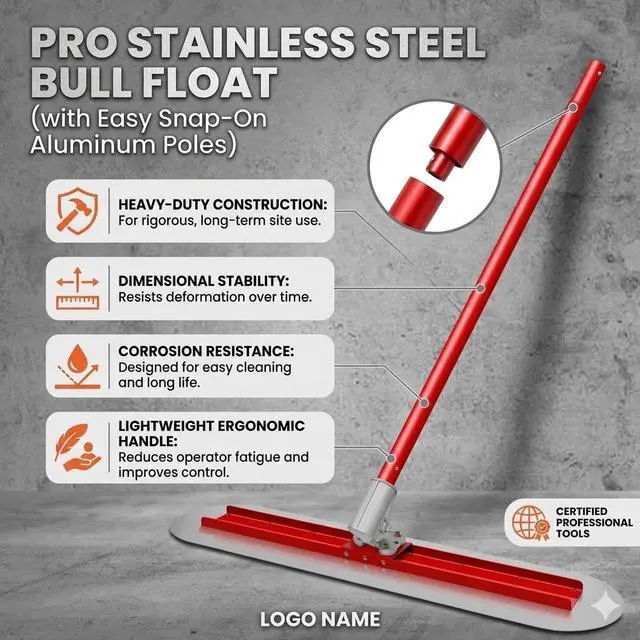 Alt view image 2 of 7 - Bull Float Stainless steel Concrete Float 48×12in,Round endBull Float Concrete Tools,With adjustable bracket, 53.4 inch Float Extendable Handles x 4