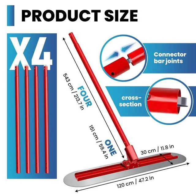 Alt view image 2 of 7 - 48" x 12" Bull Float Concrete Tool, Aluminum Alloy Adjustable Concrete Bull Float for Concrete Finishing, Red Concrete Float with 4 Combinable Handles