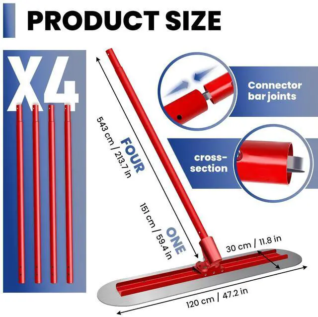 Alt view image 3 of 7 - 48''x12'' Bull Float Concrete Tool with 4 Combinable Handles Adjustable Concrete Bull Float for Concrete Finishing, Aluminum Alloy Concrete Float, Red