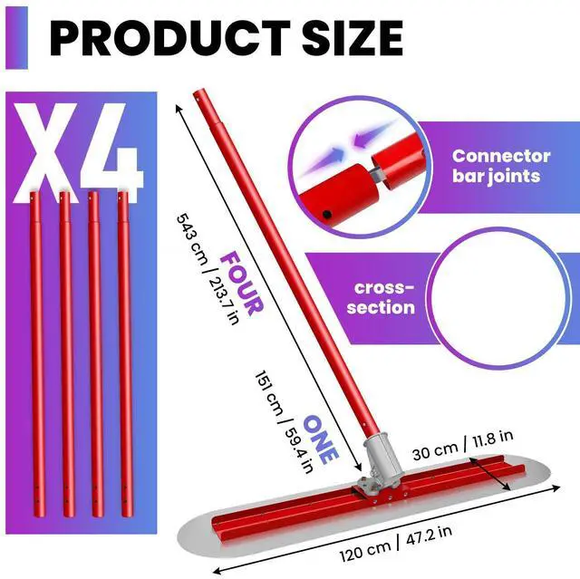 Alt view image 2 of 7 - 48" Concrete Bull Float Screed Tool, Stainless Steel Trowel Board, 3 Adjustable Poles, 213.7" Max Length, Angle Adjustable for Concrete Leveling