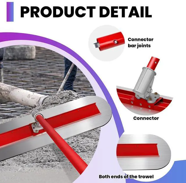 Alt view image 3 of 7 - 48" Concrete Bull Float Screed Tool, Stainless Steel Trowel Board, 3 Adjustable Poles, 213.7" Max Length, Angle Adjustable for Concrete Leveling