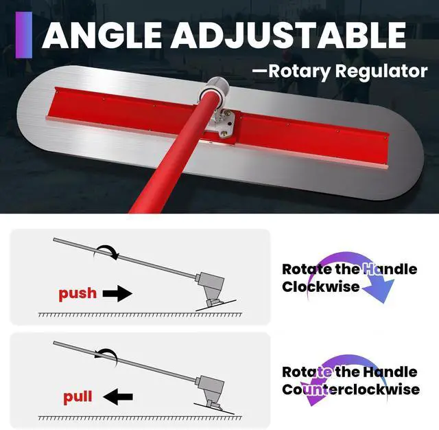 Alt view image 5 of 7 - 48" Concrete Bull Float Screed Tool, Stainless Steel Trowel Board, 3 Adjustable Poles, 213.7" Max Length, Angle Adjustable for Concrete Leveling