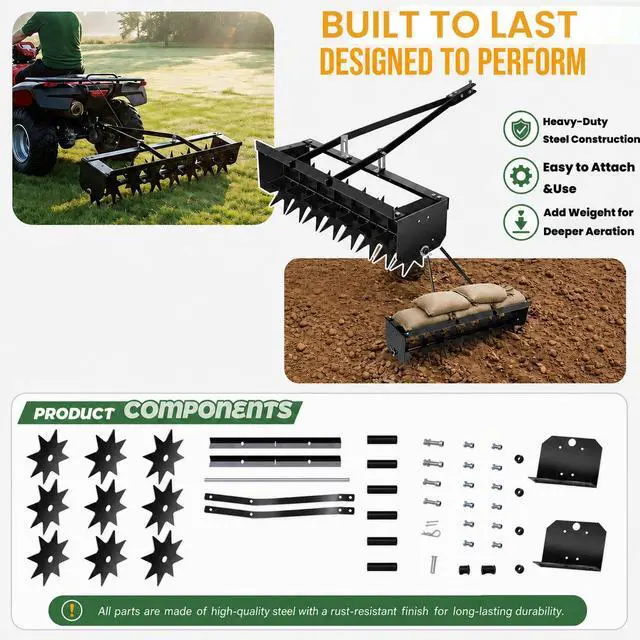 Alt view image 6 of 6 - 32 Inch Rolling Lawn Aerator, Manual Push & Tow Behind Lawn Aerator Tool Roller with 8 Spikes, Lawn Aerating Tool for Lawn, Yard, Patio & Garden - Black
