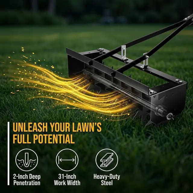 Alt view image 4 of 6 - 32 Inch Rolling Lawn Aerator, Manual Push & Tow Behind Lawn Aerator Tool Roller with 8 Spikes, Lawn Aerating Tool for Lawn, Yard, Patio & Garden - Black