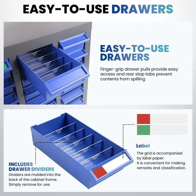Alt view image 4 of 7 - 100-Drawer Parts Cabinet, Bolt Bins Nut and Bolt Organizer with ABS Drawers & Dividers, Heavy Duty Rust Resistant Steel Hardware Storage Cabinet with Labels for Garage Workshop Shop