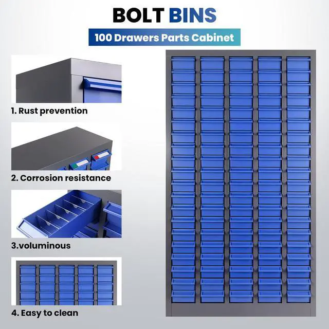 Alt view image 5 of 7 - 100-Drawer Parts Cabinet, Bolt Bins Nut and Bolt Organizer with ABS Drawers & Dividers, Heavy Duty Rust Resistant Steel Hardware Storage Cabinet with Labels for Garage Workshop Shop