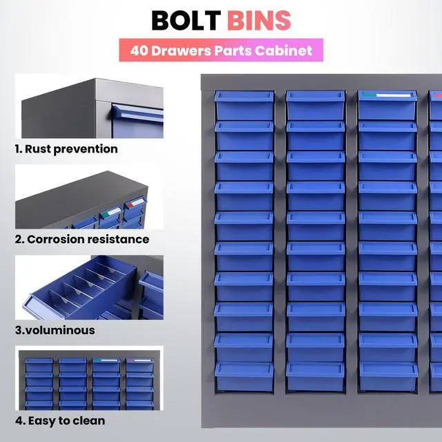 Alt view image 3 of 7 - 40/100-Drawer Parts Cabinet, Bolt Bins Nut and Bolt Organizer with ABS Drawers & Dividers, Heavy Duty Rust Resistant Steel Hardware Storage Cabinet with Labels for Garage