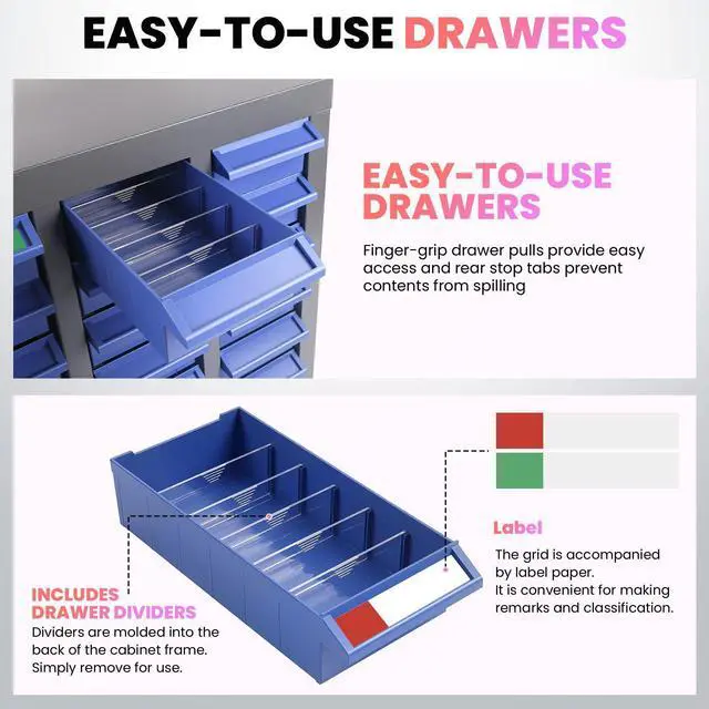 Alt view image 6 of 7 - 40/100-Drawer Parts Cabinet, Bolt Bins Nut and Bolt Organizer with ABS Drawers & Dividers, Heavy Duty Rust Resistant Steel Hardware Storage Cabinet with Labels for Garage