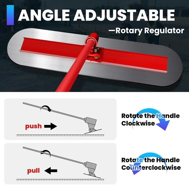Alt view image 4 of 7 - 48" Concrete Bull Float Screed Tool, Stainless Steel Trowel Board, 3 Adjustable Poles, 213.7" Max Length, Angle Adjustable for Concrete Leveling Grey/Red