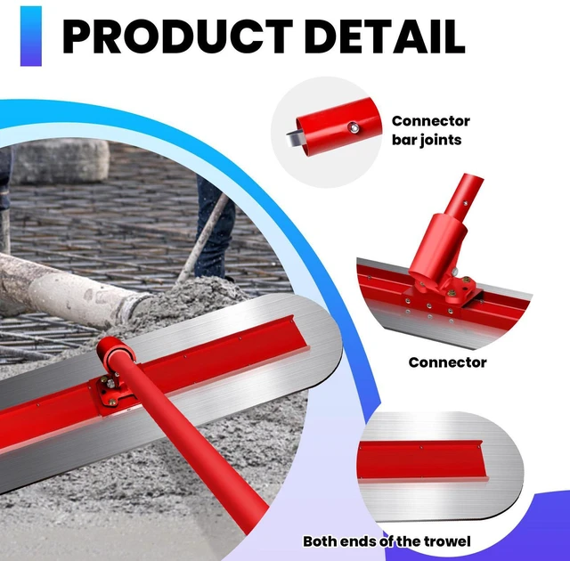 Alt view image 3 of 7 - 48" Concrete Bull Float Screed Tool, Stainless Steel Trowel Board, 3 Adjustable Poles, 213.7" Max Length, Angle Adjustable for Concrete Leveling Grey/Red