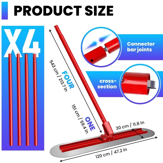 Alt view image 2 of 7 - 48" Concrete Bull Float Screed Tool, Stainless Steel Trowel Board, 3 Adjustable Poles, 213.7" Max Length, Angle Adjustable for Concrete Leveling Grey/Red
