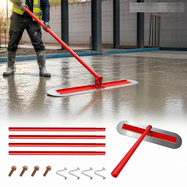 Main image of 48" Concrete Bull Float Screed Tool, Stainless Steel Trowel Board, 3 Adjustable Poles, 213.7" Max Length, Angle Adjustable for Concrete Leveling Grey/Red