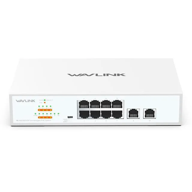 Main image of WAVLINK 10-Port Full Gigabit Switch with 8xPoE+ @ 120W, 2xGigabit Ethernet Uplink, Support 802.3af/at, Unmanaged Network Switch with VLAN, Default, Extend Mode, Desktop//Wall Mount