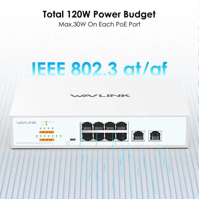 Alt view image 3 of 7 - WAVLINK 10-Port Full Gigabit Switch with 8xPoE+ @ 120W, 2xGigabit Ethernet Uplink, Support 802.3af/at, Unmanaged Network Switch with VLAN, Default, Extend Mode, Desktop//Wall Mount