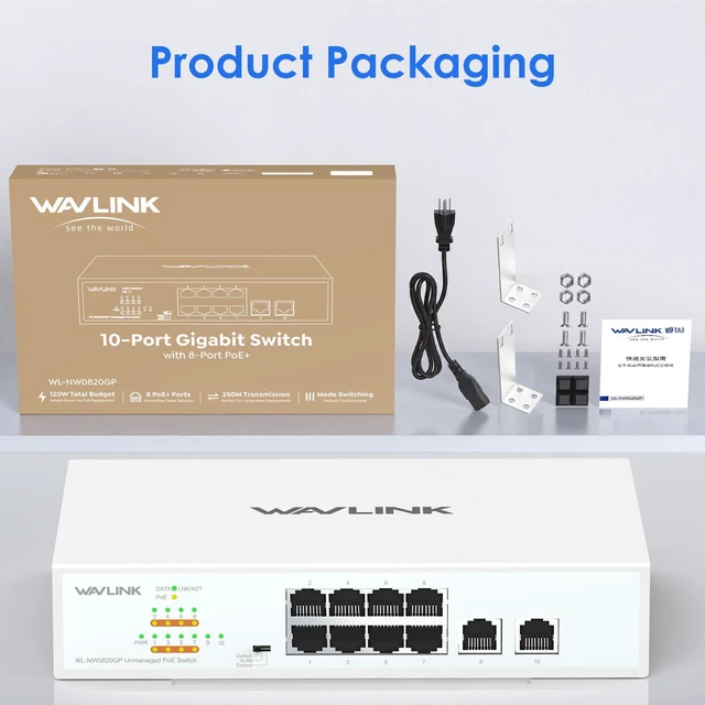 Alt view image 7 of 7 - WAVLINK 10-Port Full Gigabit Switch with 8xPoE+ @ 120W, 2xGigabit Ethernet Uplink, Support 802.3af/at, Unmanaged Network Switch with VLAN, Default, Extend Mode, Desktop//Wall Mount