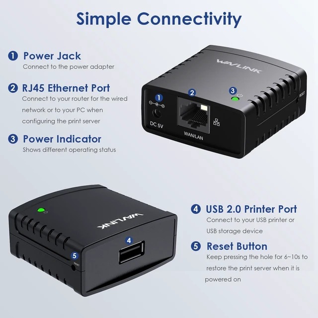 Alt view image 2 of 7 - WAVLINK USB 2.0 Network Print Server, Wired 10/100Mbps LAN & 300Mbps Wireless WiFi Print Share Adapter, RAW TCP/IP Printing (Port 9100), Support JetDirect & Samba, Expandable to Printers/USB Storages